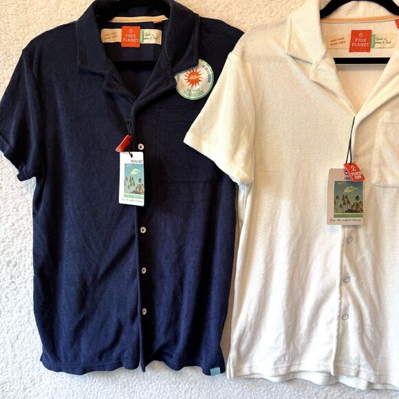 FREE PLANET Size XS LOT OF TWO Shirts Navy &‎ White Terry Cloth Button Front Top - Picture 2 of 16